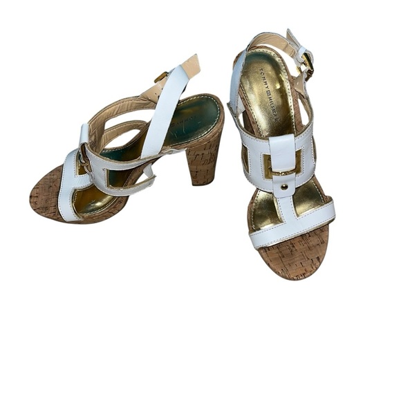Y2K Tommy Hilfiger block heels sandals vintage retro cork leather white gold 7 - Picture 1 of 6